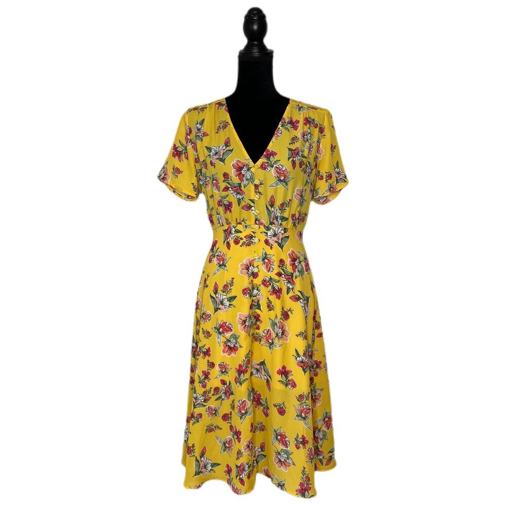 Lulus Yellow Floral Short Sleeve Retro Midi Dress - Women's Size Small